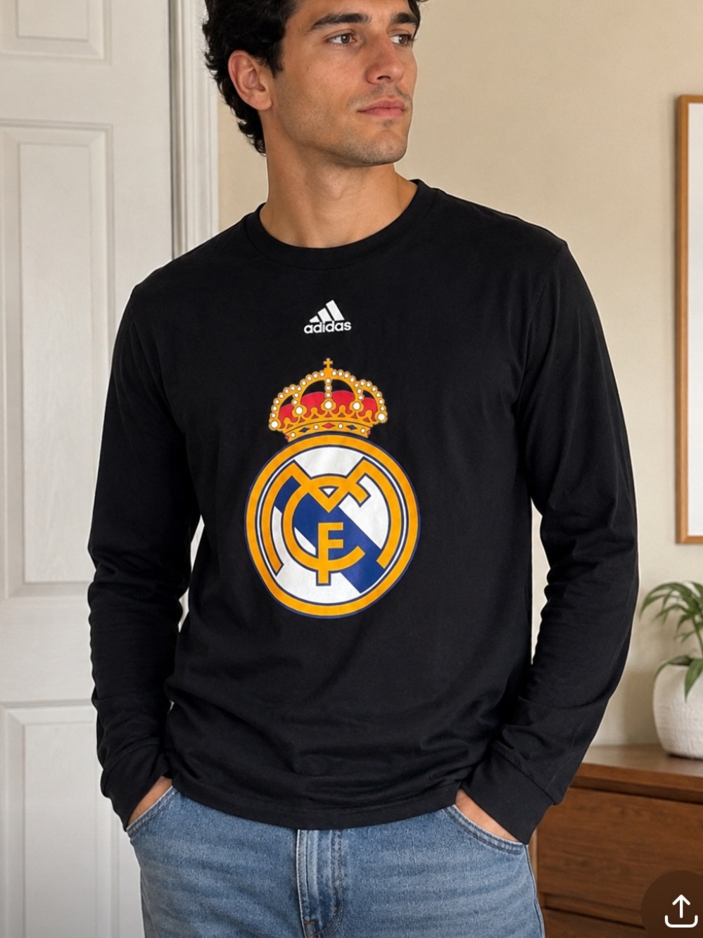 Adidas Real Madrid Long Sleeve Graphic Tee Black Men's Medium